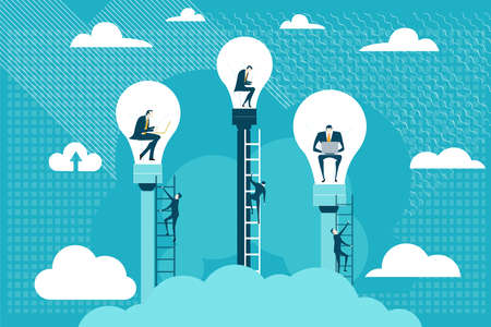 Business people working inside of light bulbs, finance industry background with business people working and solving the problems, workflow management. Leadership and business concept flat design.のイラスト素材