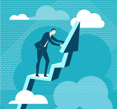 Businessman stands at arrow. Start up. Business, finance industry background with business people working and solving the problems, workflow management. Leadership and business conceptのイラスト素材