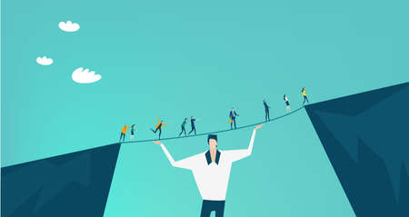 Businessman helping little people go through the difficult part. Support, control, help and advisory concept.のイラスト素材