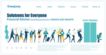Flat design website or app page template. Financial services, banking, strategic planning, development, business solutions, consulting, market research, teamwork, data analyse, support, securityのイラスト素材