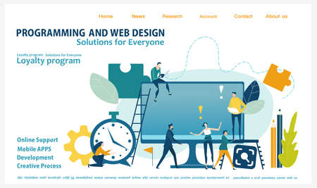 Flat design website or app page template. Financial services, banking, strategic planning, development, business solutions, consulting, market research, teamwork, data analyse, support, securityのイラスト素材