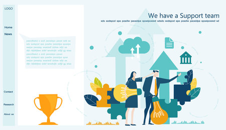 Flat design website or app page template. Financial services, banking, strategic planning, development, business solutions, consulting, market research, teamwork, data analyse, support, securityのイラスト素材