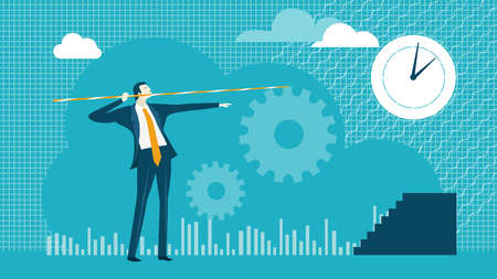 Businessman aims a target. Time is money. Finance industry background with business people working and solving the problems, workflow management. Leadership and business concept flat design.のイラスト素材