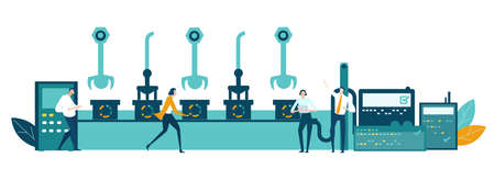 Factory with business people and workers and conveyor belt line with robots hands manufacturing cars. Factory automation production, manufacturing conceptのイラスト素材