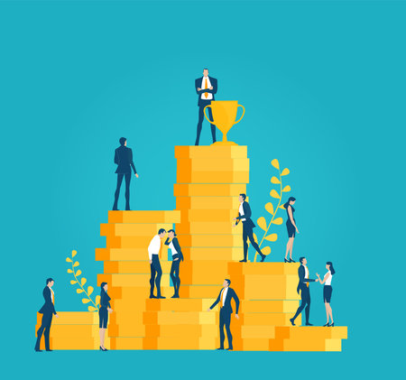 Winner award. Group of successful business people, bankers stand at stacked up coins and looking to...