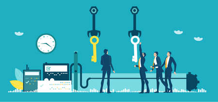 Factory with business people and workers and conveyor belt line with robots hands manufacturing key of success. Factory automation production, manufacturing conceptのイラスト素材