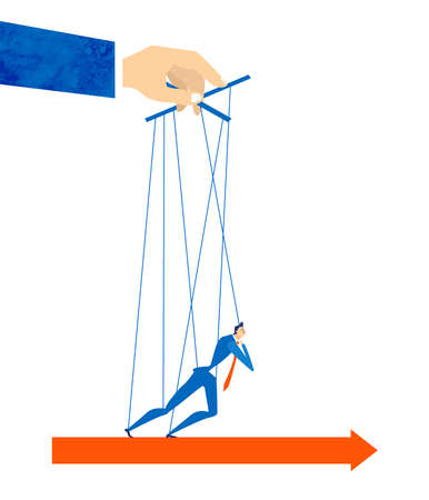 Marionette controlled by the hand of businessman. No freedom, working pressure, tiredness and overloaded, total control concept illustrationのイラスト素材
