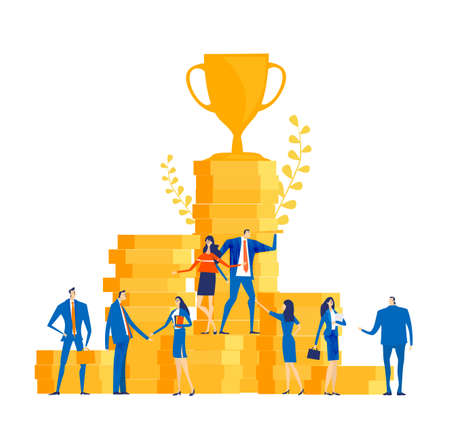 Time is money. Group of successful business people, bankers stand at stacked up coins and looking to future for best investment, new business start up, financial growth and improvement.のイラスト素材