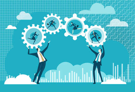 Successful business people playing with gears as symbol of control, professional success, work international, global business. Business concept illustrationのイラスト素材