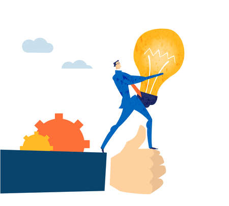 Business man holding  light bulb as symbol of start up, great idea, unique approach and solving the problems. Business concept illustrationのイラスト素材