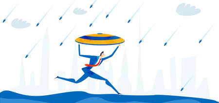 Successful businessman running with a shield against of bullets. Crisis, economy fall Business concept illustrationのイラスト素材