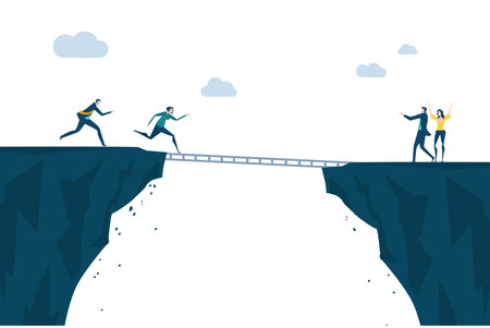 Little business stand at two opposite sides and trying to connect with ladder. Two way to success,...