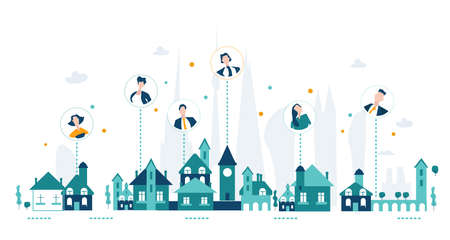 Working from home, global contact, talk to people. Connections,  technology, remote working idea. City and internet connections illustrationのイラスト素材
