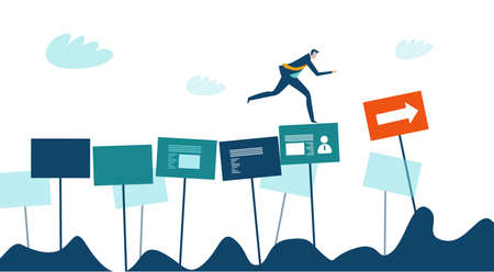 Business people running on poster boards as symbol taking other people's opinion as direction, make decisions, work together.のイラスト素材