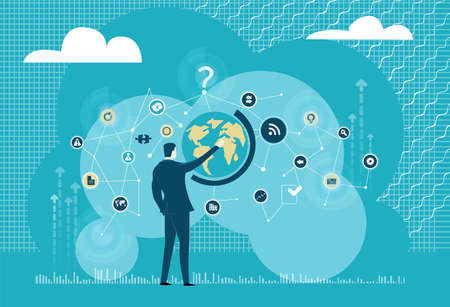 Successful businessman works with globe, international business, world wide connections. Business illustrationのイラスト素材