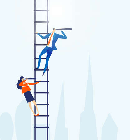 Businessman climbing up with the ladder and looking with the telescope. Ladder of success.のイラスト素材