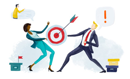 Digital illustration Business people fighting forum, target, deal. Competitive business life, way to...