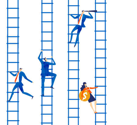 Successful banker climbing with the ladder and looking with the telescope for better investments, new start up, new business. Business concept illustrationのイラスト素材