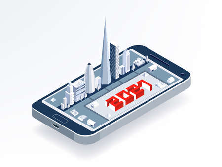 Isometric city plan with roads, skyscrapers and 2021 New year sign on smart phone. Mobile application, new year celebration, business conceptのイラスト素材