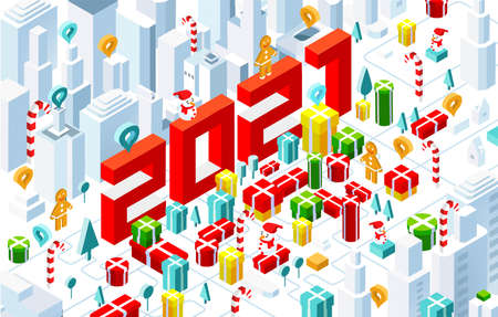 Isometric illustration of 2021 stands at the City square and surrounded by presents. Happy Christmas and happy new 2021 year illustrationのイラスト素材