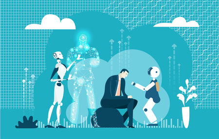 Business people measure success with weight machine. Trophy and light bulb at scale. Success and...