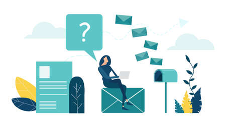 Young woman sits at mailbox and receiving the news, letters, documents. Data collection, communication, sharing information concept.のイラスト素材