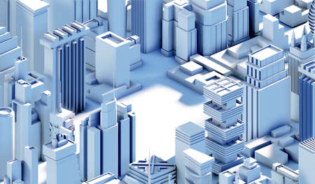 Modern City 3D render view. Business and banking area with skyscrapers, modern corporate architecture, Capital city, futuristic cityscape. Business illustrationの写真素材