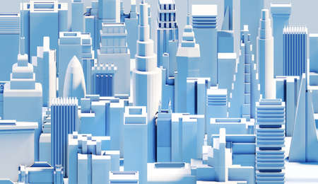 Modern City 3D render view. Business and banking area with skyscrapers, modern corporate architecture, Capital city, futuristic cityscape. Business illustrationの写真素材