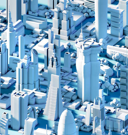 Modern City 3D render view. Business and banking area with skyscrapers, modern corporate architecture, Capital city, futuristic cityscape. Business illustrationの写真素材