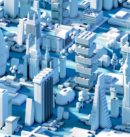 Modern City 3D render view. Business and banking area with skyscrapers, modern corporate...