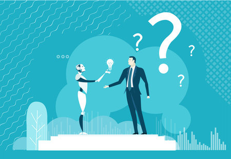 Robot brings new idea. Human vs Robots concept. Businessman competing with artificial intelligence,...