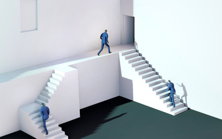 3D render illustration, Business people running on stairs towards success in abstract environment...