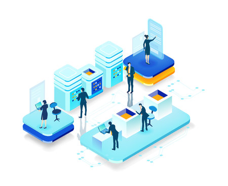 Isometric 3D business environment with server room, business people working and communicating around.のイラスト素材