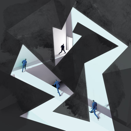 3D render Business people running in dark in order to get the right door, make right move, agreement, contract.の写真素材