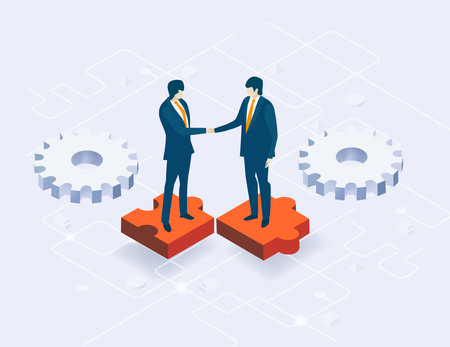 Isometric 3D business environment with business people standing at puzzle pieces and shake hands as symbol of success.のイラスト素材