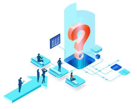Big question mark. Isometric 3D business environment with business people working and communicating in server room. Technology, success, internet, data protection and personal security.のイラスト素材
