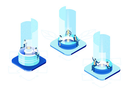 Isometric 3D business environment with business people working and communicating in server room. Technology, success, internet, data protection and personal security concept infographic illustration.のイラスト素材