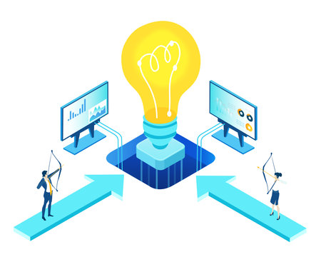 Isometric 3D business environment with business people communicating around light bulb. Technology, success, internet, data protection and personal security concept infographic illustration.のイラスト素材