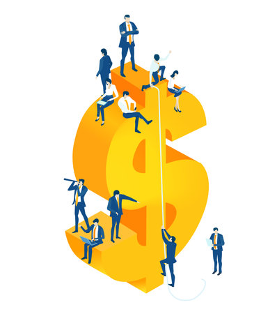 Isometric 3D business environment with business people working and communicating around golden dollar sign. Success, internet, data protection, personal security, banking infographic illustration.のイラスト素材