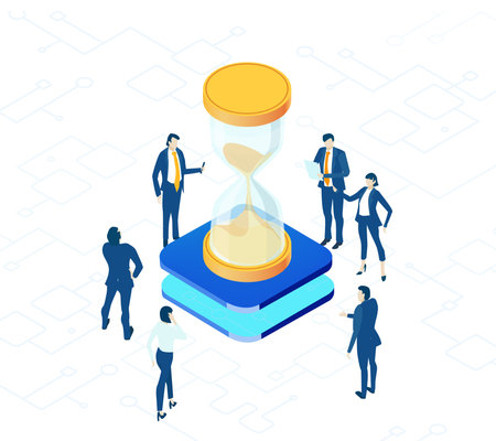 Isometric 3D business environment with business people working and communicating around sand glass. Business, success, data protection and personal security concept illustrationのイラスト素材