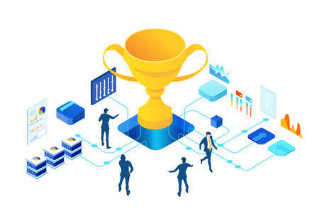 Isometric 3D business environment with business people working and communicating around trophy. Technology, success, internet, data protection and personal security conceptのイラスト素材