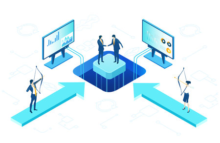 Isometric 3D business environment with business people handshaking, communicating in server room. Success, internet, agreement, data protection, personal security infographic illustration.のイラスト素材