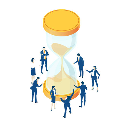 Isometric 3D business environment with business people working and communicating around sandglass.Technology, success, internet, data protection and personal security concept infographic illustration.のイラスト素材