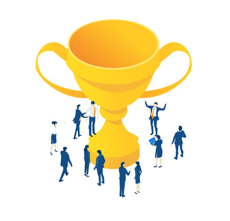 Isometric 3D business environment with business people working and communicating around trophy. Technology, success, internet, data protection and personal security concept infographic illustration.のイラスト素材