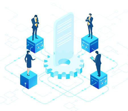 Isometric 3D business environment. Business management. Isometric office space, server room with...