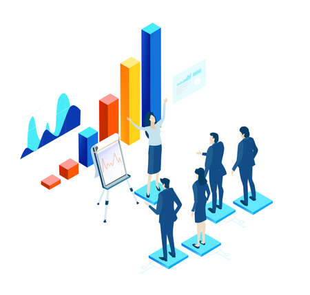 Business people having discussion in front of screen with growth charts and bars and make decisions regarding investments, new start up, project of developing programのイラスト素材