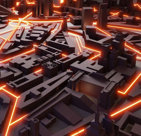 3D Render abstract modern city with neon street lines representing transport, network connections. Business, technology, modern life concept illustrationの写真素材