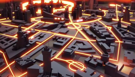 3D Render abstract modern city with neon street lines representing transport, network connections....