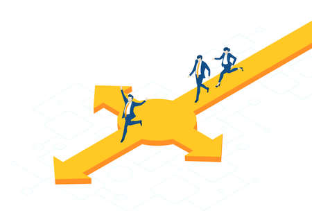Isometric 3D business environment with business people running. Arrow sign pointing to a different directions. Making decisions, advisory, support and success conceptのイラスト素材