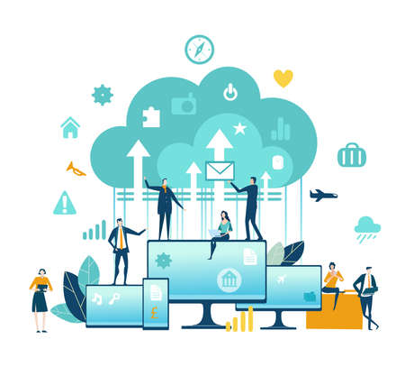 Cloud Computing with Business people and communication icons. Information search, connection, working remote, keeping data safe ideaのイラスト素材